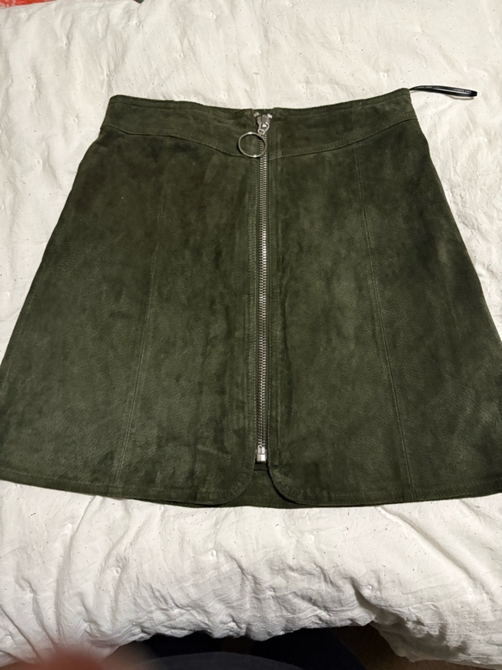 Zara Olive Green Suede Front-Zip Mini Skirt